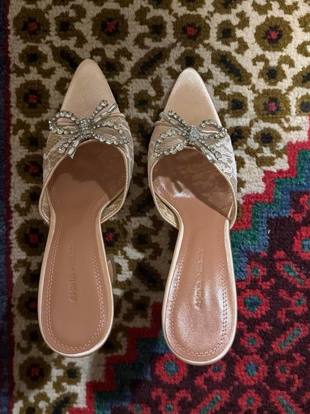 Embellished Lace and crystal bow Pointed-Toe Mule Sandals